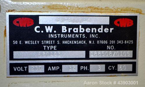 Used C.W. Brabender Plasti-Corder Extruder System consisting of: (1) Direct current drive unit, model DR-2071, type Polysped, No. 0105/PE, serial #265. Approximately 7 hp motor. (1) PL-2000 panel. (1...