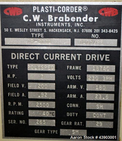 Used C.W. Brabender Plasti-Corder Extruder System consisting of: (1) Direct current drive unit, model DR-2071, type Polysped, No. 0105/PE, serial #265. Approximately 7 hp motor. (1) PL-2000 panel. (1...
