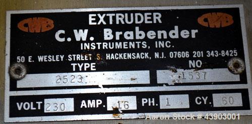 Used C.W. Brabender Plasti-Corder Extruder System consisting of: (1) Direct current drive unit, model DR-2071, type Polysped, No. 0105/PE, serial #265. Approximately 7 hp motor. (1) PL-2000 panel. (1...