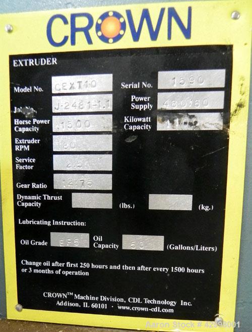 Used Crown (CDLTechnologies) Pelletizing Line, Consisting Of: (1) Crown (CDLTechnologies) 10’’ Diameter Single Screw Extruder, Model CEXT10, serial# 1590. Approximately 30 to 1 L/D ratio, cored for c...