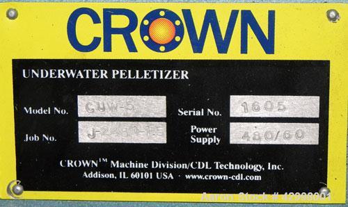 Used Crown (CDLTechnologies) Pelletizing Line, Consisting Of: (1) Crown (CDLTechnologies) 10’’ Diameter Single Screw Extruder, Model CEXT10, serial# 1590. Approximately 30 to 1 L/D ratio, cored for c...