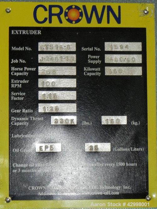 Used Crown (CDLTechnologies) Pelletizing Line, Consisting Of: (1) Crown (CDLTechnologies) 10’’ Diameter Single Screw Extruder, Model CEXT10, serial# 1590. Approximately 30 to 1 L/D ratio, cored for c...