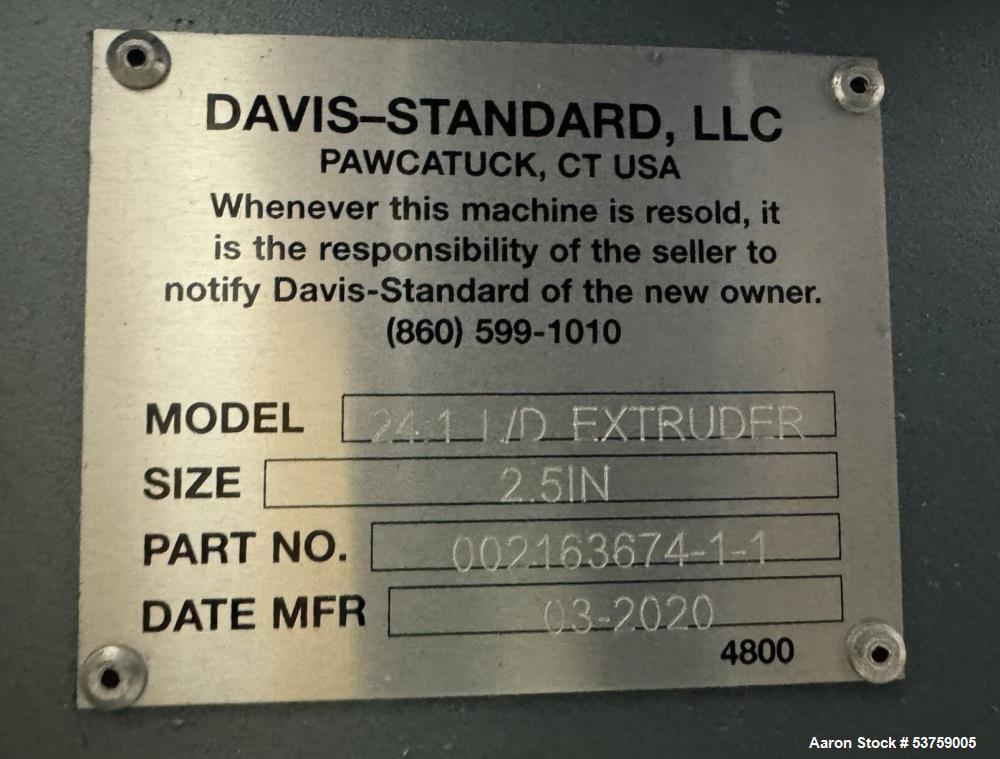 Used 2.5" Davis Standard / Gala Pilot Plant Pelletizing Line – 75 kW Extruder, Underwater Pelletizer, Spin Dryer, 2020