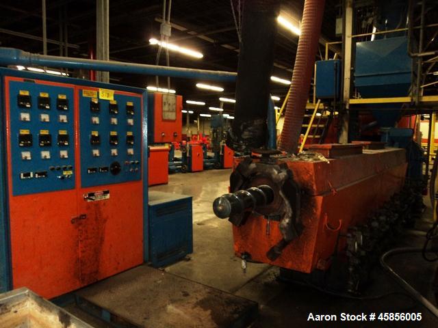 Used 6" Deltaplast extruder, 32 to 1 L/D ratio. Electrically heated, water cooled, jacketed feed section, thru Hamilton gearbox with 17.75 to 1 gearbox ratio, 300 hp DC motor with SCR controller, mai...