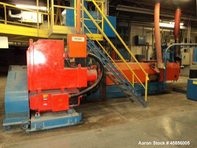 Used 6" Deltaplast extruder, 32 to 1 L/D ratio. Electrically heated, water cooled, jacketed feed section, thru Hamilton gearbox with 17.75 to 1 gearbox ratio, 300 hp DC motor with SCR controller, mai...