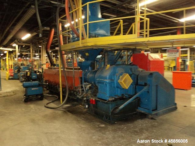 Used 6" Deltaplast extruder, 32 to 1 L/D ratio. Electrically heated, water cooled, jacketed feed section, thru Hamilton gearbox with 17.75 to 1 gearbox ratio, 300 hp DC motor with SCR controller, mai...