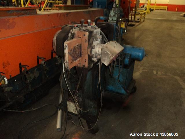 Used 6" Deltaplast extruder, 32 to 1 L/D ratio. Electrically heated, water cooled, jacketed feed section, thru Hamilton gearbox with 17.75 to 1 gearbox ratio, 300 hp DC motor with SCR controller, mai...