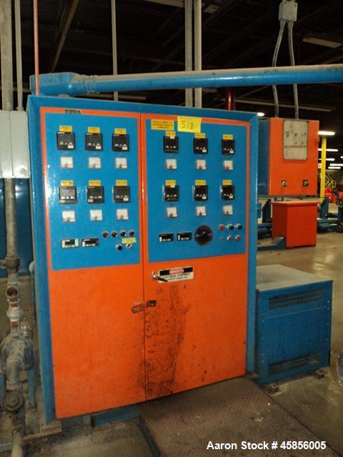 Used 6" Deltaplast extruder, 32 to 1 L/D ratio. Electrically heated, water cooled, jacketed feed section, thru Hamilton gearbox with 17.75 to 1 gearbox ratio, 300 hp DC motor with SCR controller, mai...