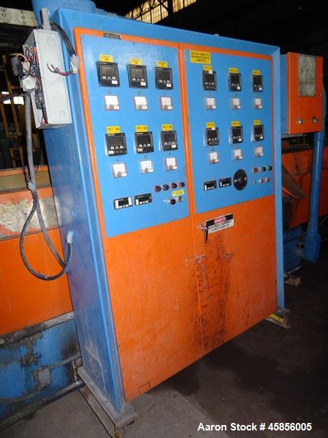 Used 6" Deltaplast extruder, 32 to 1 L/D ratio. Electrically heated, water cooled, jacketed feed section, thru Hamilton gearbox with 17.75 to 1 gearbox ratio, 300 hp DC motor with SCR controller, mai...