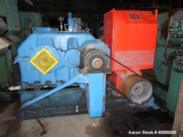 Used 6" Deltaplast extruder, 32 to 1 L/D ratio. Electrically heated, water cooled, jacketed feed section, thru Hamilton gearbox with 17.75 to 1 gearbox ratio, 300 hp DC motor with SCR controller, mai...