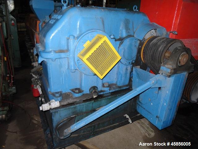 Used 6" Deltaplast extruder, 32 to 1 L/D ratio. Electrically heated, water cooled, jacketed feed section, thru Hamilton gearbox with 17.75 to 1 gearbox ratio, 300 hp DC motor with SCR controller, mai...