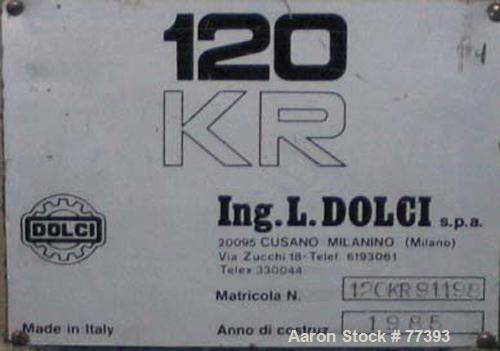 Used Dolci single screw extruder, model 120KR, 4.5" diameter screw x 160" long, 35:1 L/D ratio, 44" center line, 5 zone barrel, electrically heated, fan cooled, 8" diameter feed throat, side vented b...