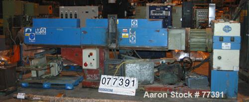 Used Dolci single screw extruder, model 90KS, 3.5" diameter screw x 150" long, 50:1 L/D ratio, 44" center line, 8 zone barrel, electrically heated, fan cooled, 8-1/2" diameter feed throat, side vente...