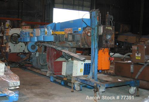 Used Dolci single screw extruder, model 90KS, 3.5" diameter screw x 150" long, 50:1 L/D ratio, 44" center line, 8 zone barrel, electrically heated, fan cooled, 8-1/2" diameter feed throat, side vente...