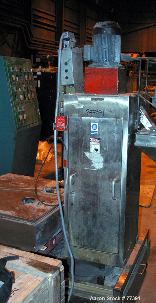 Used Dolci single screw extruder, model 90KS, 3.5" diameter screw x 150" long, 50:1 L/D ratio, 44" center line, 8 zone barrel, electrically heated, fan cooled, 8-1/2" diameter feed throat, side vente...