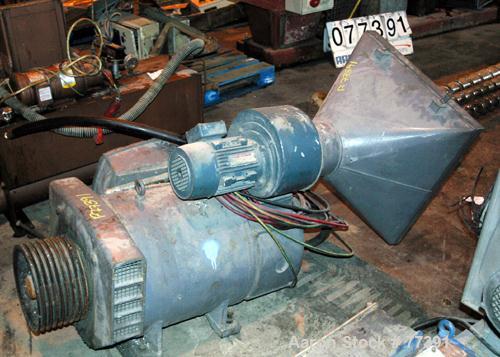 Used Dolci single screw extruder, model 90KS, 3.5" diameter screw x 150" long, 50:1 L/D ratio, 44" center line, 8 zone barrel, electrically heated, fan cooled, 8-1/2" diameter feed throat, side vente...