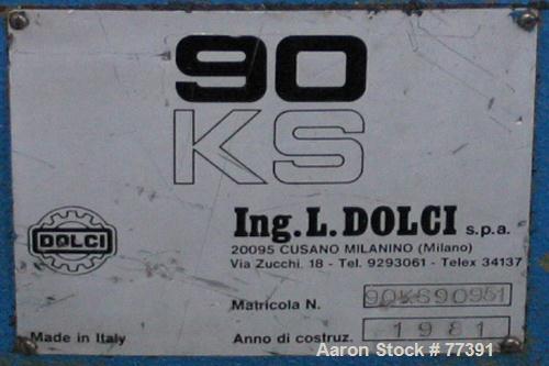Used Dolci single screw extruder, model 90KS, 3.5" diameter screw x 150" long, 50:1 L/D ratio, 44" center line, 8 zone barrel, electrically heated, fan cooled, 8-1/2" diameter feed throat, side vente...