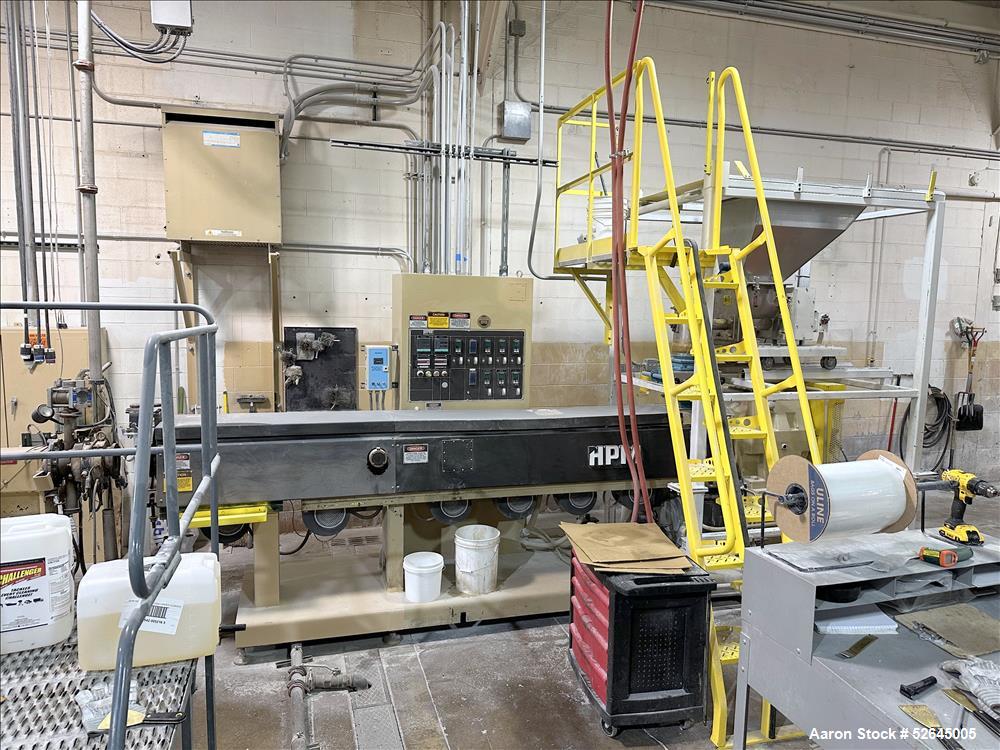 Used HPM Single Screw Pelletizing Line Consisting Of: (1) HPM 3-1/2'' single screw extruder, Model 3.5TMC, Serial # 88342. Approximately 40 to 1 L/D ratio. Electrically heated, air cooled 6 zone side...