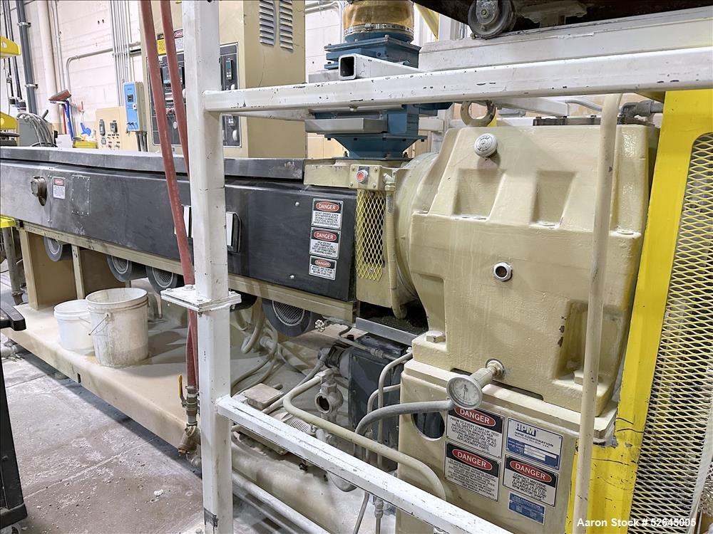 Used HPM Single Screw Pelletizing Line Consisting Of: (1) HPM 3-1/2'' single screw extruder, Model 3.5TMC, Serial # 88342. Approximately 40 to 1 L/D ratio. Electrically heated, air cooled 6 zone side...