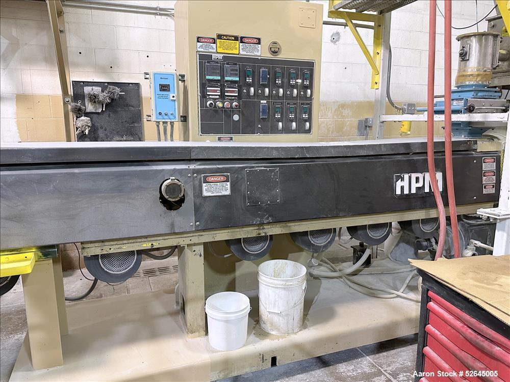 Used HPM Single Screw Pelletizing Line Consisting Of: (1) HPM 3-1/2'' single screw extruder, Model 3.5TMC, Serial # 88342. Approximately 40 to 1 L/D ratio. Electrically heated, air cooled 6 zone side...