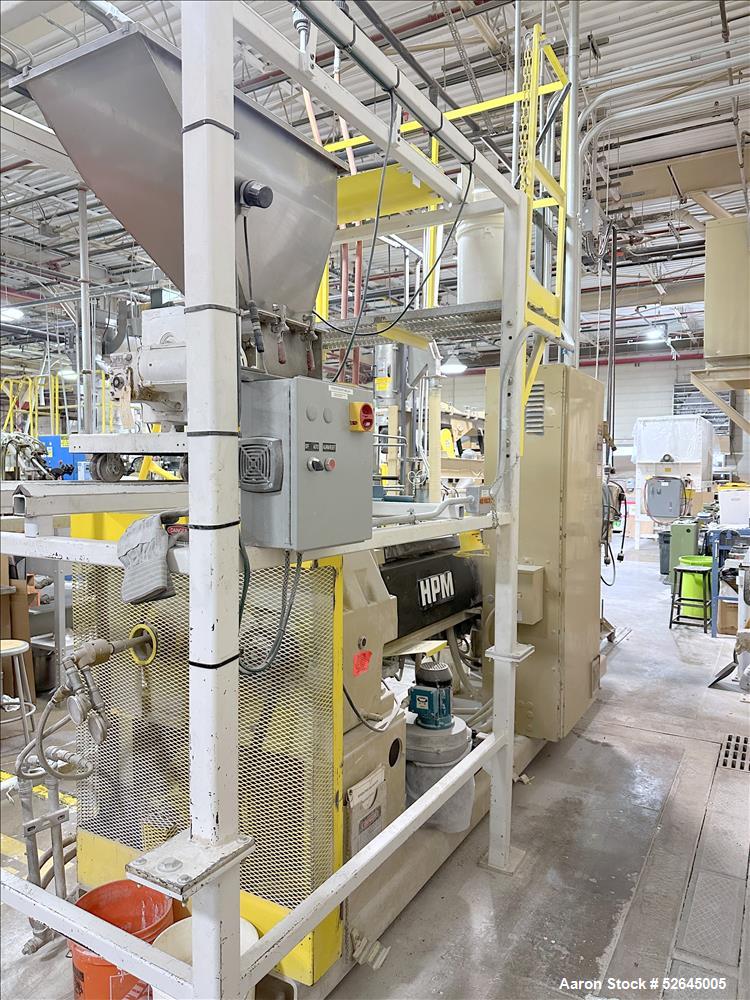 Used HPM Single Screw Pelletizing Line Consisting Of: (1) HPM 3-1/2'' single screw extruder, Model 3.5TMC, Serial # 88342. Approximately 40 to 1 L/D ratio. Electrically heated, air cooled 6 zone side...