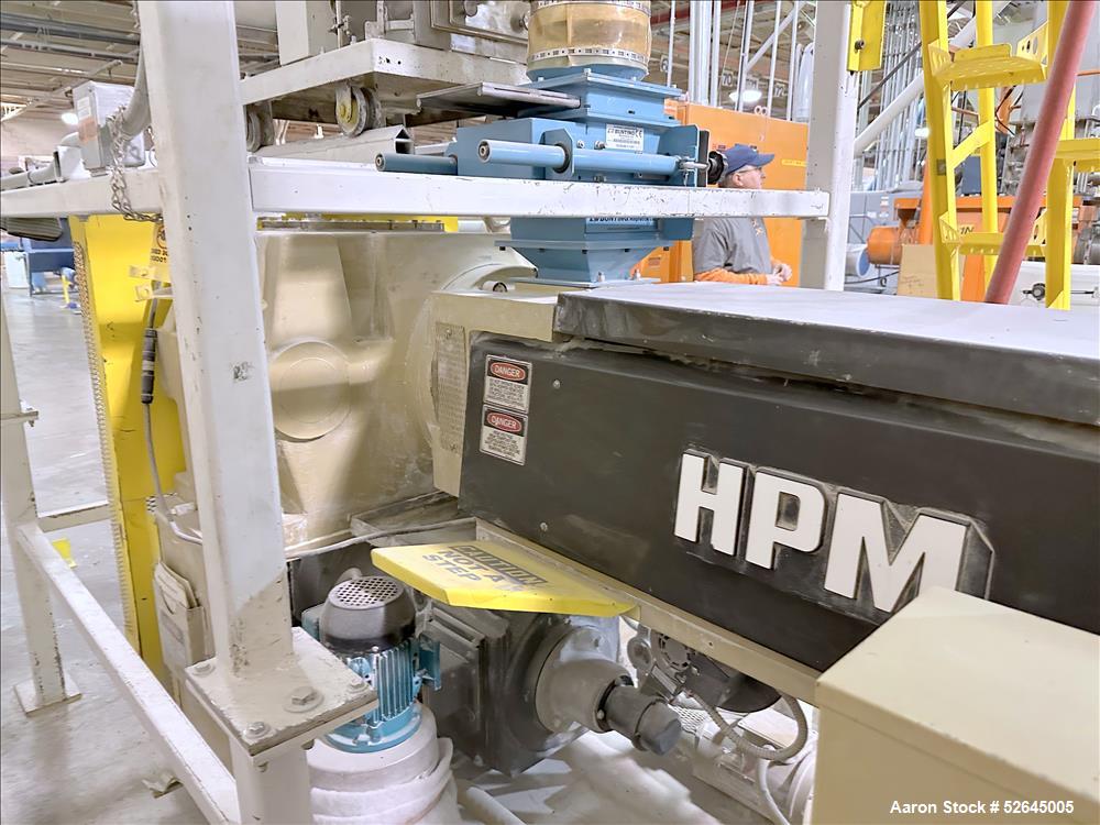 Used HPM Single Screw Pelletizing Line Consisting Of: (1) HPM 3-1/2'' single screw extruder, Model 3.5TMC, Serial # 88342. Approximately 40 to 1 L/D ratio. Electrically heated, air cooled 6 zone side...