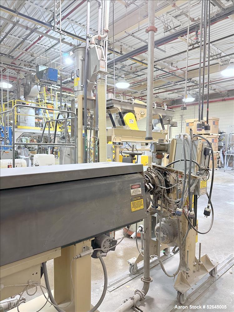 Used HPM Single Screw Pelletizing Line Consisting Of: (1) HPM 3-1/2'' single screw extruder, Model 3.5TMC, Serial # 88342. Approximately 40 to 1 L/D ratio. Electrically heated, air cooled 6 zone side...
