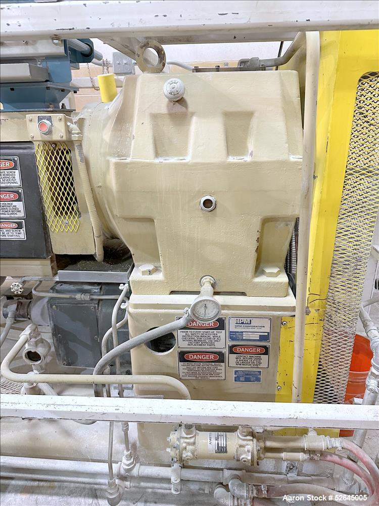 Used HPM Single Screw Pelletizing Line Consisting Of: (1) HPM 3-1/2'' single screw extruder, Model 3.5TMC, Serial # 88342. Approximately 40 to 1 L/D ratio. Electrically heated, air cooled 6 zone side...