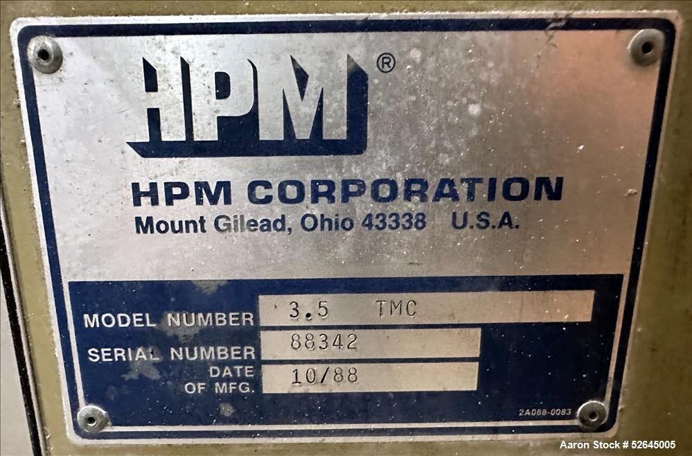 Used HPM Single Screw Pelletizing Line Consisting Of: (1) HPM 3-1/2'' single screw extruder, Model 3.5TMC, Serial # 88342. Approximately 40 to 1 L/D ratio. Electrically heated, air cooled 6 zone side...