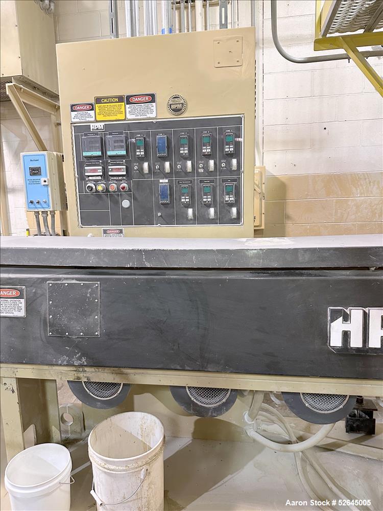 Used HPM Single Screw Pelletizing Line Consisting Of: (1) HPM 3-1/2'' single screw extruder, Model 3.5TMC, Serial # 88342. Approximately 40 to 1 L/D ratio. Electrically heated, air cooled 6 zone side...