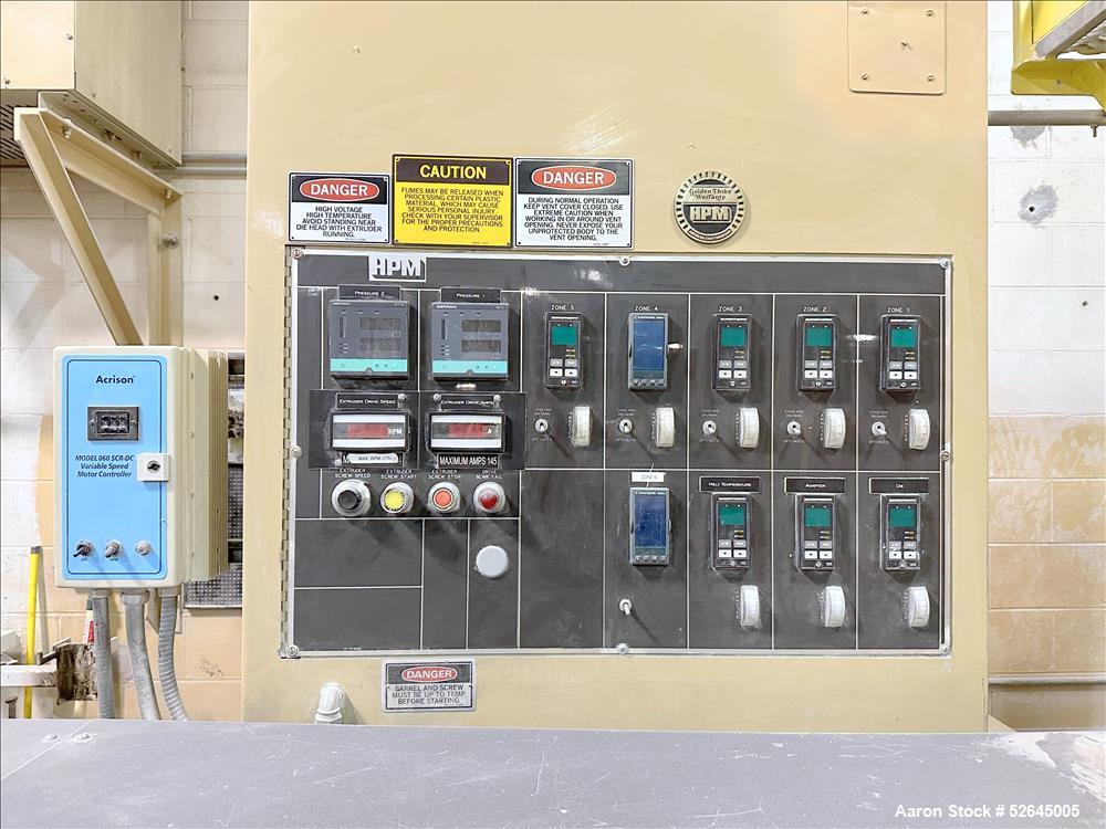 Used HPM Single Screw Pelletizing Line Consisting Of: (1) HPM 3-1/2'' single screw extruder, Model 3.5TMC, Serial # 88342. Approximately 40 to 1 L/D ratio. Electrically heated, air cooled 6 zone side...