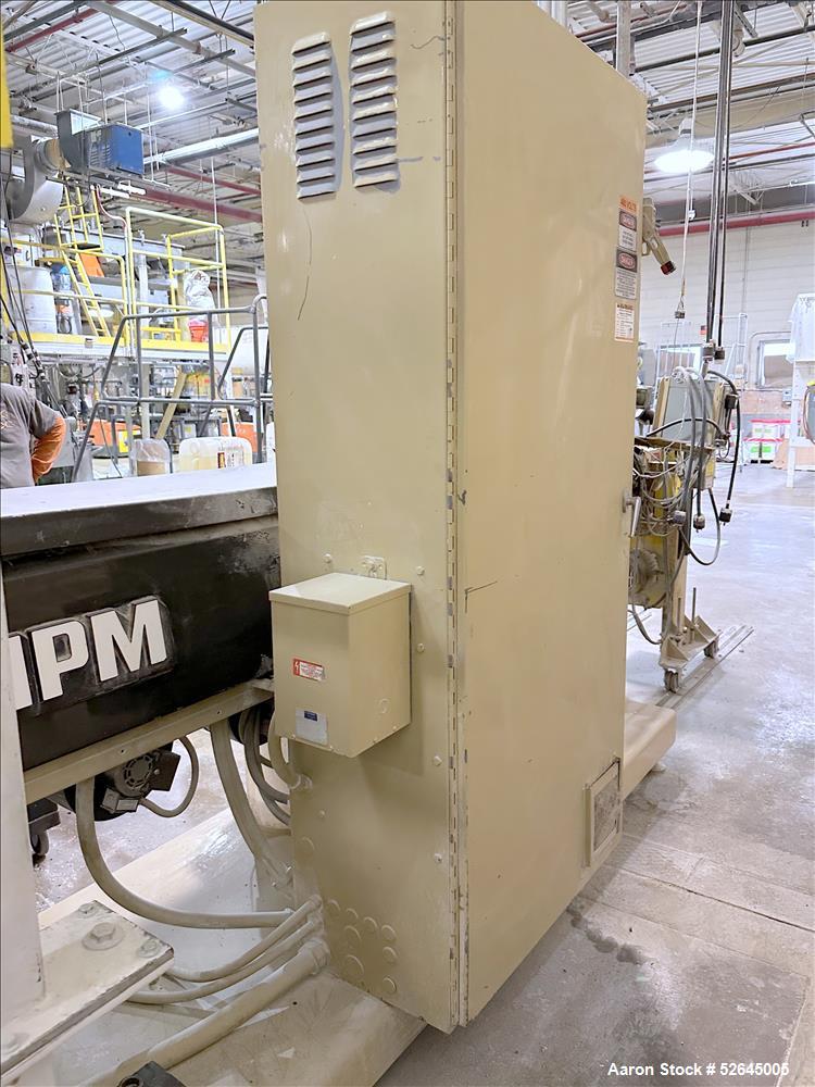 Used HPM Single Screw Pelletizing Line Consisting Of: (1) HPM 3-1/2'' single screw extruder, Model 3.5TMC, Serial # 88342. Approximately 40 to 1 L/D ratio. Electrically heated, air cooled 6 zone side...