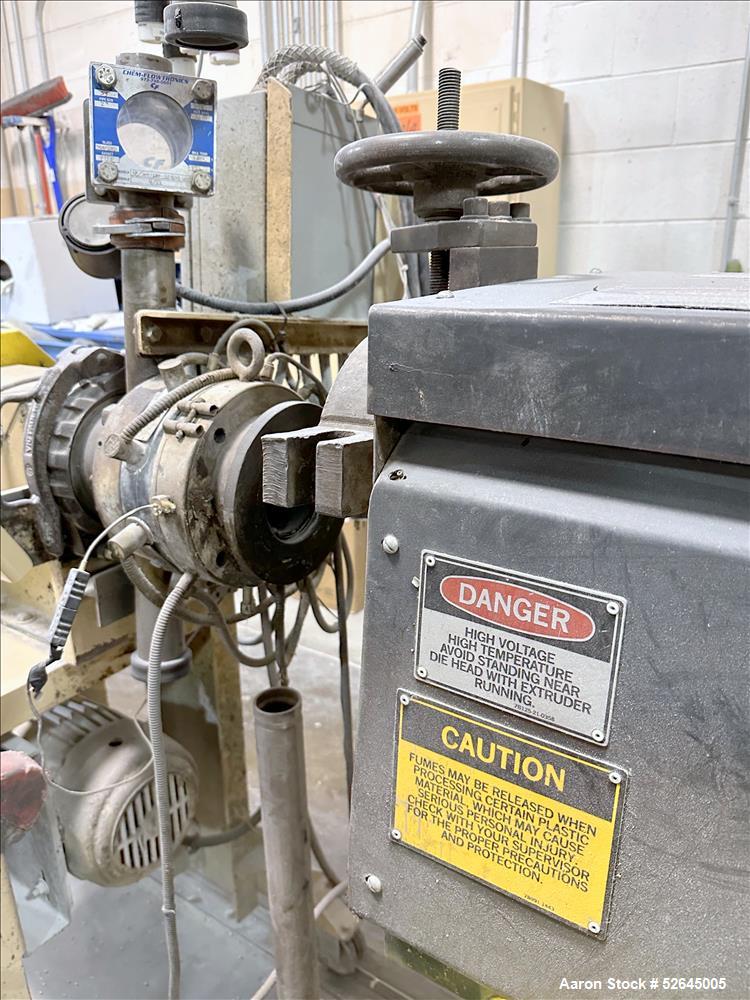 Used HPM Single Screw Pelletizing Line Consisting Of: (1) HPM 3-1/2'' single screw extruder, Model 3.5TMC, Serial # 88342. Approximately 40 to 1 L/D ratio. Electrically heated, air cooled 6 zone side...