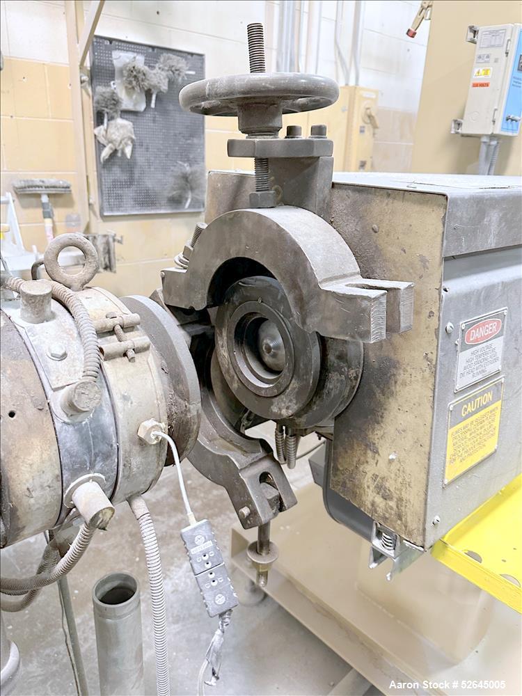 Used HPM Single Screw Pelletizing Line Consisting Of: (1) HPM 3-1/2'' single screw extruder, Model 3.5TMC, Serial # 88342. Approximately 40 to 1 L/D ratio. Electrically heated, air cooled 6 zone side...