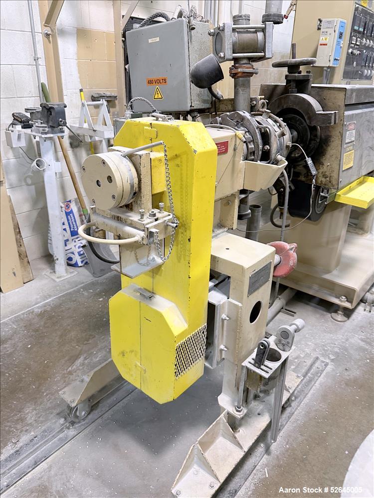 Used HPM Single Screw Pelletizing Line Consisting Of: (1) HPM 3-1/2'' single screw extruder, Model 3.5TMC, Serial # 88342. Approximately 40 to 1 L/D ratio. Electrically heated, air cooled 6 zone side...