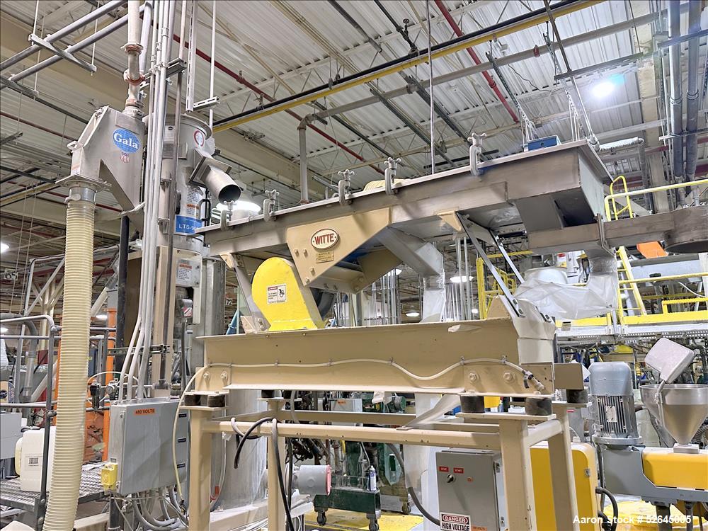 Used HPM Single Screw Pelletizing Line Consisting Of: (1) HPM 3-1/2'' single screw extruder, Model 3.5TMC, Serial # 88342. Approximately 40 to 1 L/D ratio. Electrically heated, air cooled 6 zone side...