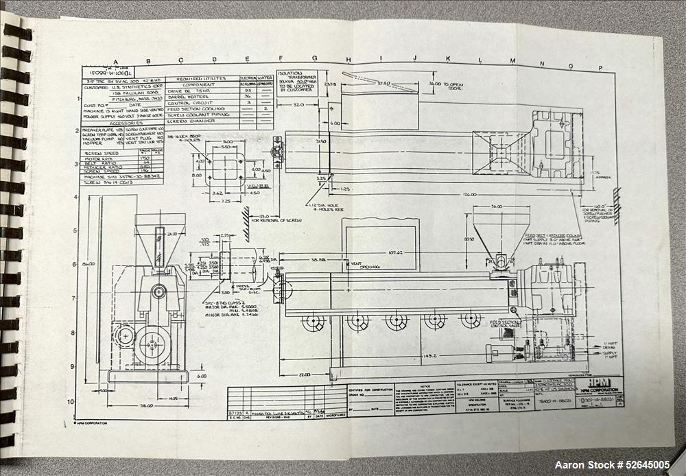 Used HPM Single Screw Pelletizing Line Consisting Of: (1) HPM 3-1/2'' single screw extruder, Model 3.5TMC, Serial # 88342. Approximately 40 to 1 L/D ratio. Electrically heated, air cooled 6 zone side...
