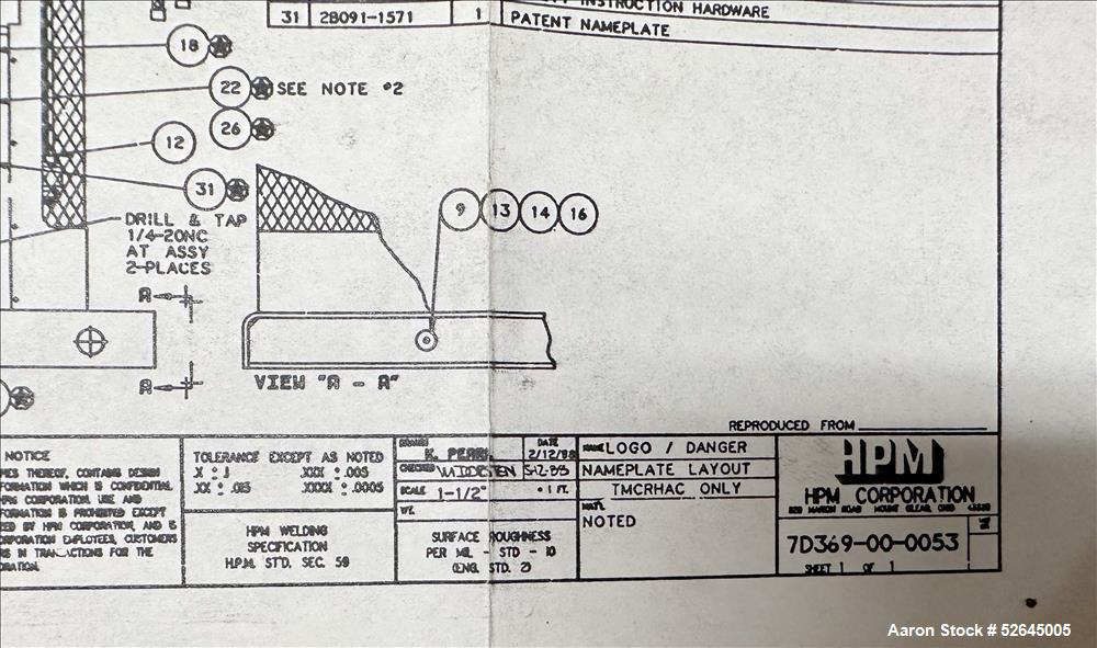 Used HPM Single Screw Pelletizing Line Consisting Of: (1) HPM 3-1/2'' single screw extruder, Model 3.5TMC, Serial # 88342. Approximately 40 to 1 L/D ratio. Electrically heated, air cooled 6 zone side...