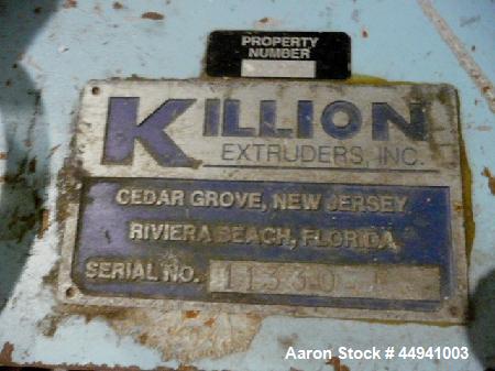 Used Killion Lab Pelletizing Line consisting of:  (1) Killion 1.25" diameter single screw extruder, approximately 30 to 1 L/D ratio.  (3) Zone electrically heated, air cooled barrel.  Gearbox is driv...
