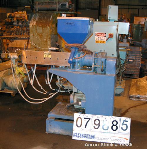 USED: Killion 1-1/2" single screw extruder, 24:1 L/D ratio. Electrically heated, air cooled. (3) zone vented barrel, water cooled feed throat with hopper. Requires an approx 10 hp DC motor. Has Dodge...