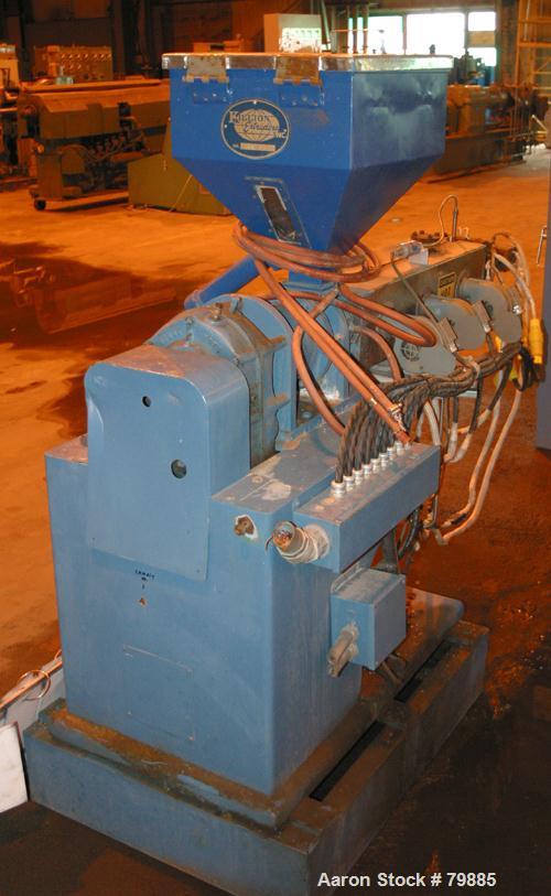 USED: Killion 1-1/2" single screw extruder, 24:1 L/D ratio. Electrically heated, air cooled. (3) zone vented barrel, water cooled feed throat with hopper. Requires an approx 10 hp DC motor. Has Dodge...