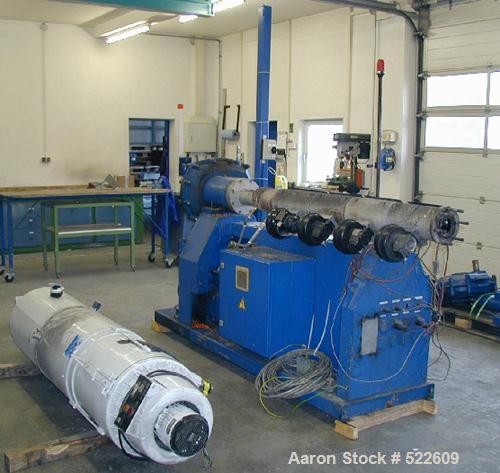 USED: Achenbach/Krauss Maffei pipe extrusion line for PE pipe up to 2.48" (max 63mm). (1) Achenbach extruder, type 75/25D, complete with gearbox and motor 45 kw. (1) Krauss Maffei PE pipe head, type ...
