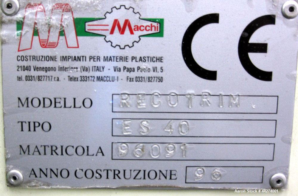 Used Macchi Recotrim Trim & Film Waste Pelletizing Line, Model ES40. Consisitng of: (1) 35mm Single screw extruder, approximate 19.2 L/D ratio. Electrically heated, air cooled 2 zone non-vented barre...