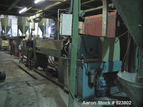 USED: Prealpina granulating extrusion line. (1) Single screw extruder,type TR80, diameter 3.15" (80 mm), L/D 34, screen changer, spaghettidie head. Includes feeding unit, vacuum pump, cooling bath, c...