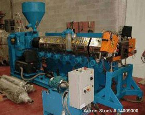 Used AMUT HDPE Repelletizing Line consisting of: (1) vented 3" (80 mm) extruder O.D., single screw 33:1 L/D, 180 hp/135 kW DC motor. Electrically heated air cooled barrel, barrel vent, tuck under DC ...