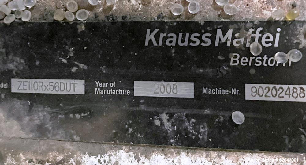 Used Twin Screw Pelletizing Line Consisting Of: (1) Krauss Maffei-Berstorff 110mm twin screw extruder, model ZE110RX56DUT, serial# 90202488, built 2008. Co-Rotating Screw Design. Approximate 56 to 1 ...