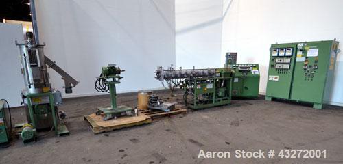 Used Twin Screw Pelletizing Line Consisting Of: (1) Berstorff 40mm twin screw extruder, model ZE40/40A, serial# EO6313/58. Co-Rotating Screw Design. Approximate 40 to 1 L/D ratio. 8 barrel sections, ...