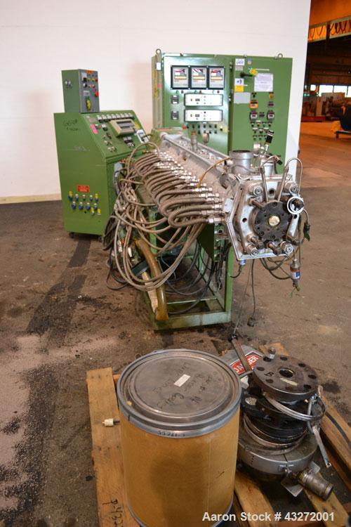 Used Twin Screw Pelletizing Line Consisting Of: (1) Berstorff 40mm twin screw extruder, model ZE40/40A, serial# EO6313/58. Co-Rotating Screw Design. Approximate 40 to 1 L/D ratio. 8 barrel sections, ...