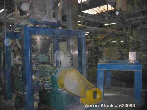 USED: Comac extrusion line. (1) Feeding system Matcon or Anag containers, servo lift Matcon (hydraulic lifting and positioning system), with 55 gallon (210 liter) Matcon buffer, screw feeder. (1) Com...