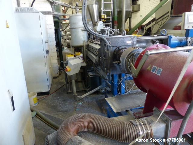 Used Twin Screw Pelletizing Line to include: Coperion STS 65 twin screw extruder, Busch Cobra NC 0250 A vacuum pump, built 1999, Brabender FW80/5 plus 200 volumetric feeder, built 2012, Kreyenborg sc...